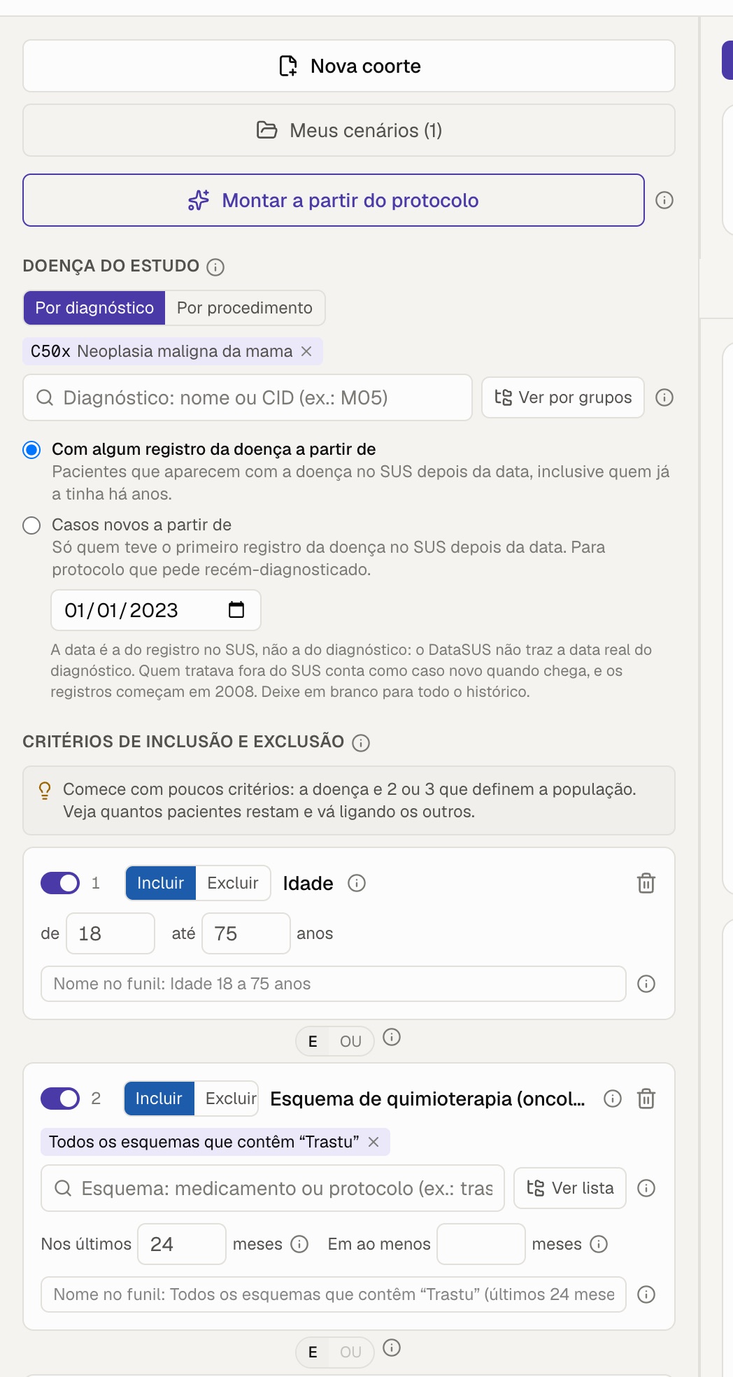 Painel do protocolo com critérios de inclusão e exclusão